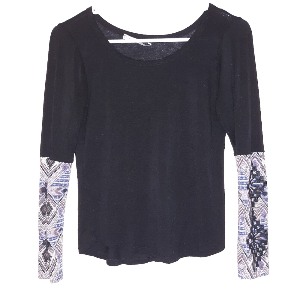 Long Sleeve Black Embroider Aztec Printed Top
